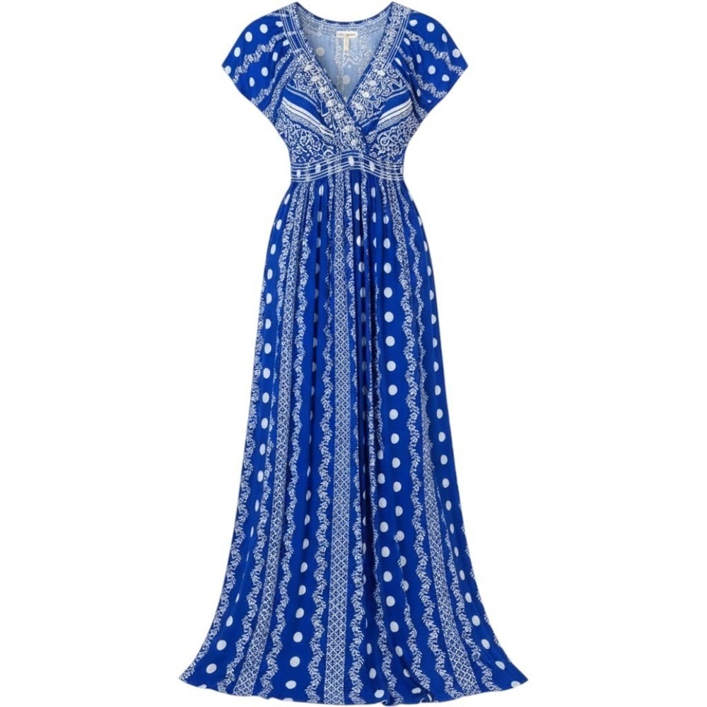 Lapogee Maxi Dress Women 1X Blue Paisley Polka Dot Boho V-Neck Short Sleeve